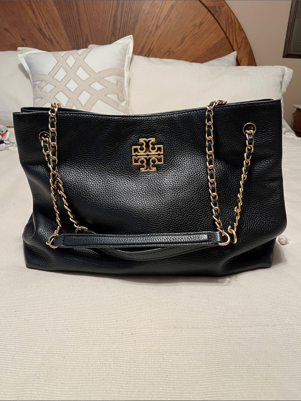 Tory Burch Black Pebbled Leather Tote with Gold Chain Trim